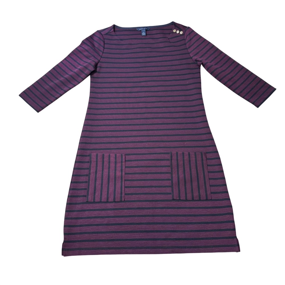 Tommy Hilfiger Womens Striped Boat Neck Shift Dress Purple Black 3/4 Sleeve S
